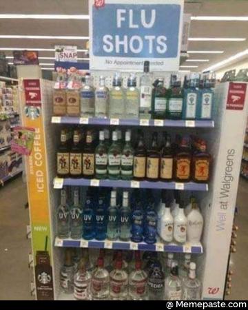 Flu shots, alcohol, vodka, Walgreens