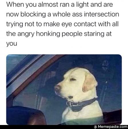 When you almost ran light and are blocking whole ass not to make eye contact with all angry honking people staring at 