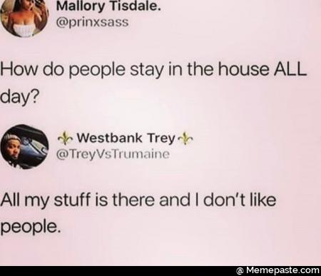 How do people stay in the house all day? All my stuff is there and I do not like people