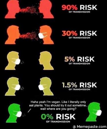 risk of transmission. Haha yeah I am a vegan. Like I literally only eat plants. You should try it sometime. Wait where are you going?