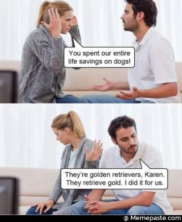 You spent our entire life savings on dogs yen re golden retrievers They retrieve gold did it for us 