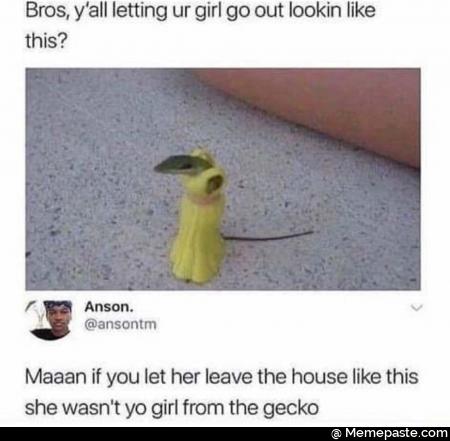 Bros do you all be letting your girl go out looking like this, man if you let her leave the house like this she was not your girl from the gecko