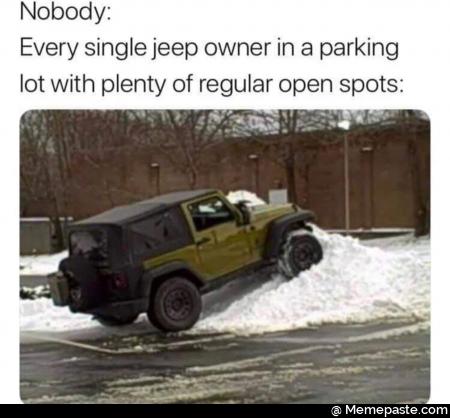 Nobody single jeep owner in parking with plenty of regular open spots 